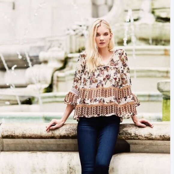 Richard L Bohemian Floral Women's Blouse with Bell Sleeves in Gray n Tangerine - Picture 8 of 8